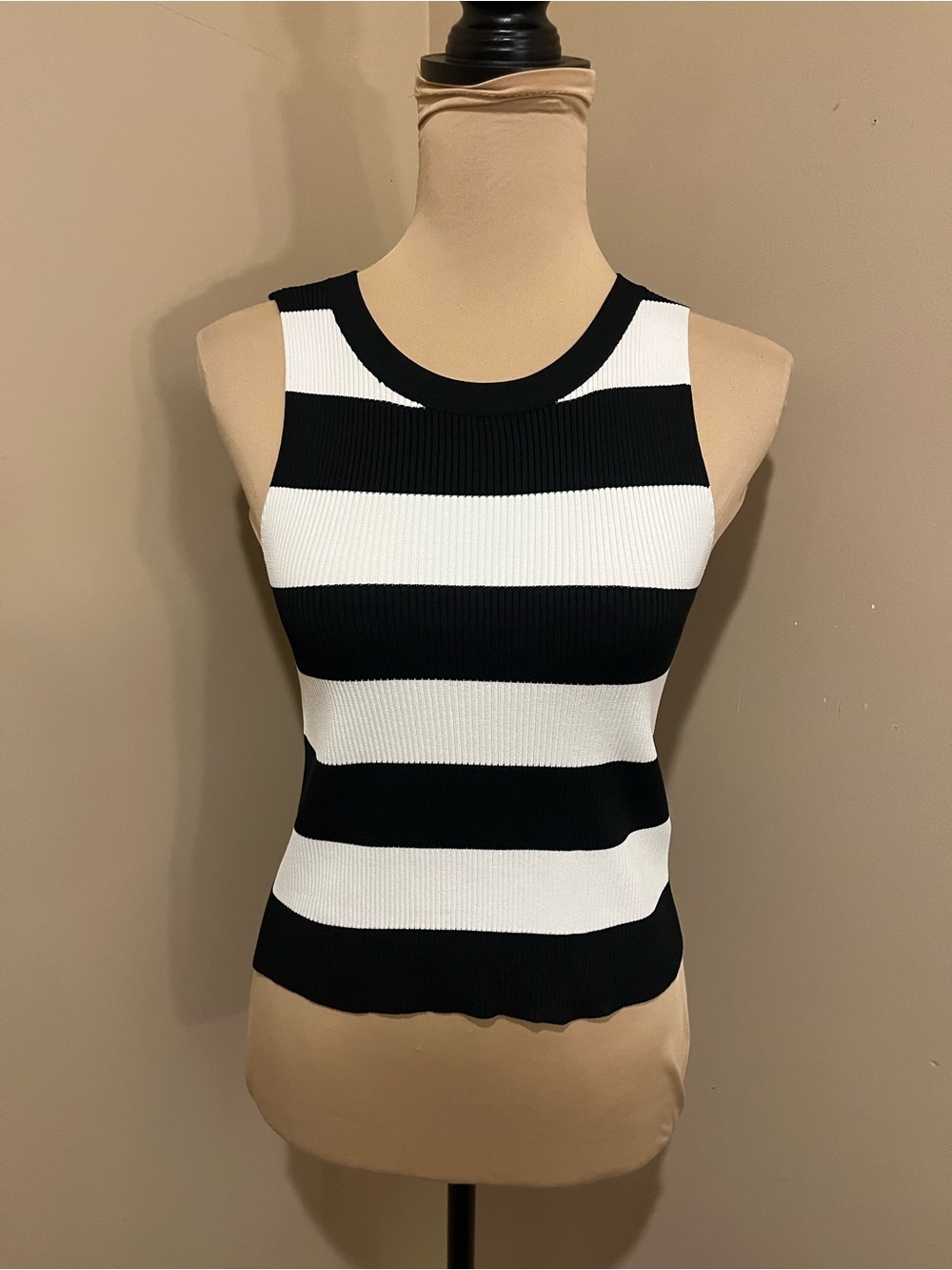 Happily Grey Black & White Striped Crew Ribbed Tank, Large